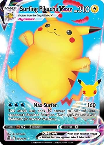 Surfing Pikachu VMAX 009/025 Ultra-Rare Pokemon Card (Celebrations 25th Anniversary) + 1x TitanCards® Toploader